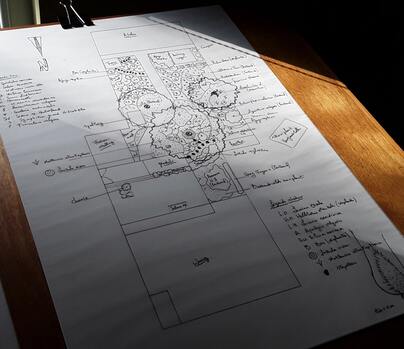 Elk tuinontwerp wordt met de hand getekend